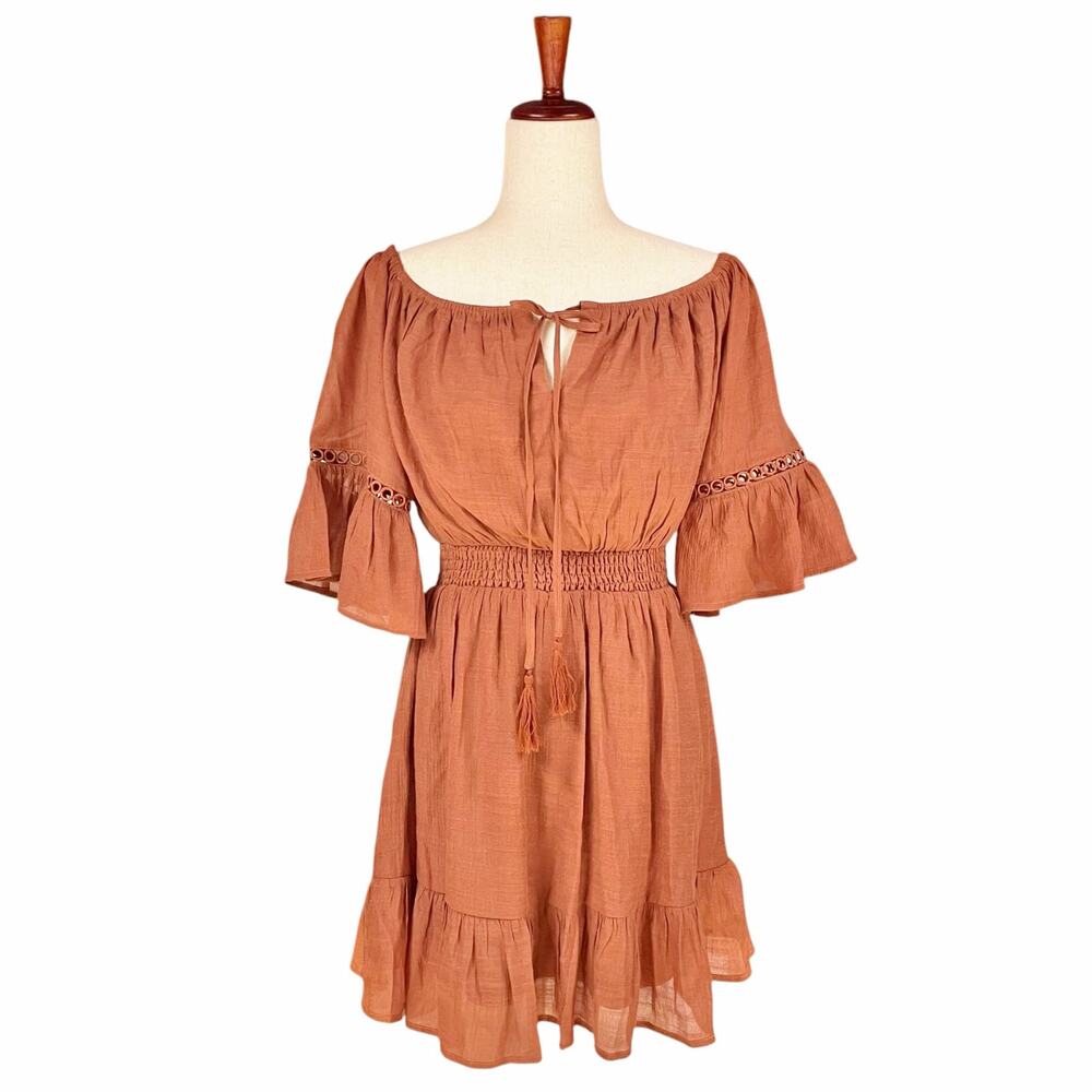 Baltic Born Rust Orange Off-Shoulder Mini Dress